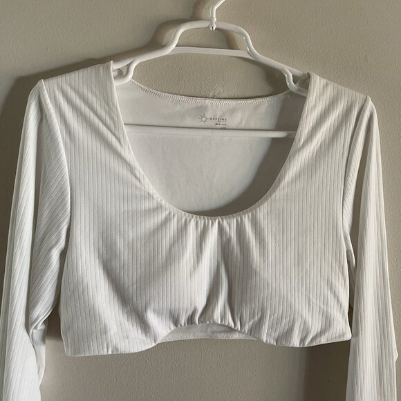 Offline By Aerie Women L White Ribbed Real Me Super Cropped Long Sleeve Bra Top - Picture 3 of 9